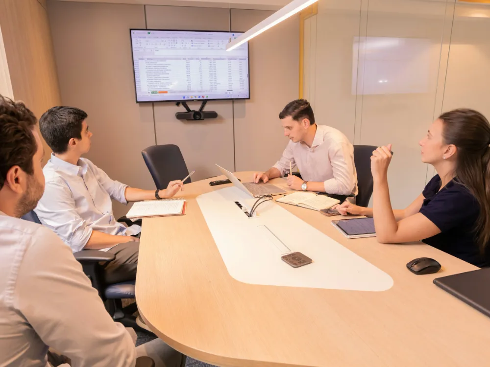 Four colleagues around a boardroom table working through a spreadsheet on screen.
